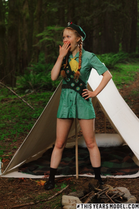 Redheaded girl girl broad Scout Dolly Little gets nude outside her tent in beret - #145188