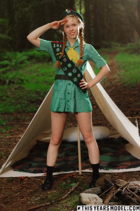 Redheaded girl girl broad Scout Dolly Little gets nude outside her tent in beret - #145189
