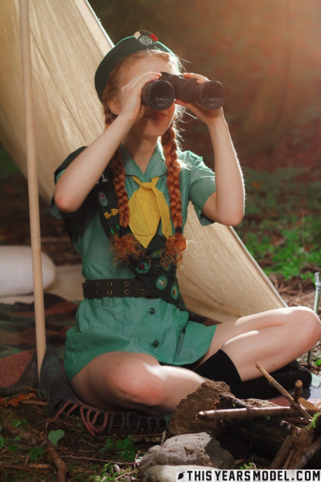 Redheaded girl girl broad Scout Dolly Little gets nude outside her tent in beret - #145196