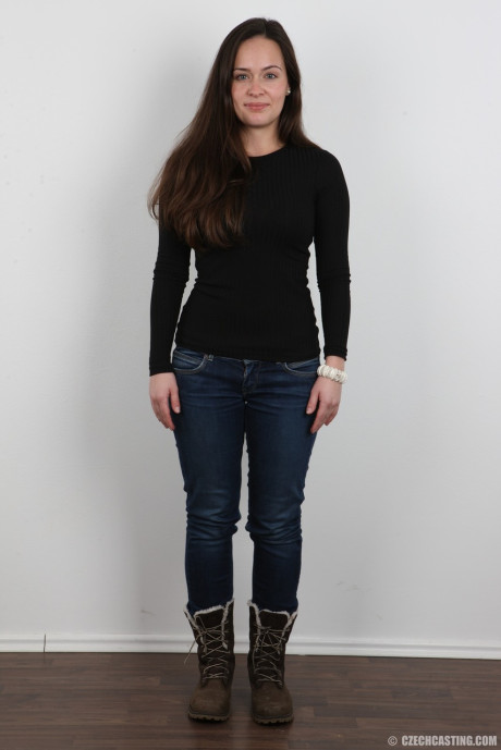 Ravishing brunette in jeans peels slowly for this photo striptease series - #200565