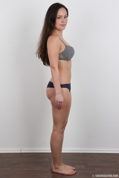 Ravishing brunette in jeans peels slowly for this photo striptease series - #200571