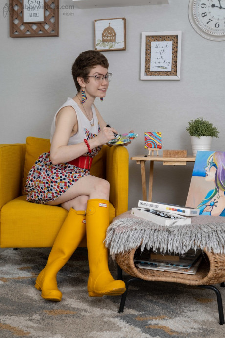 Short haired nerd Morgan K reveals her giant juggs and toys her hairy snatch - #40223