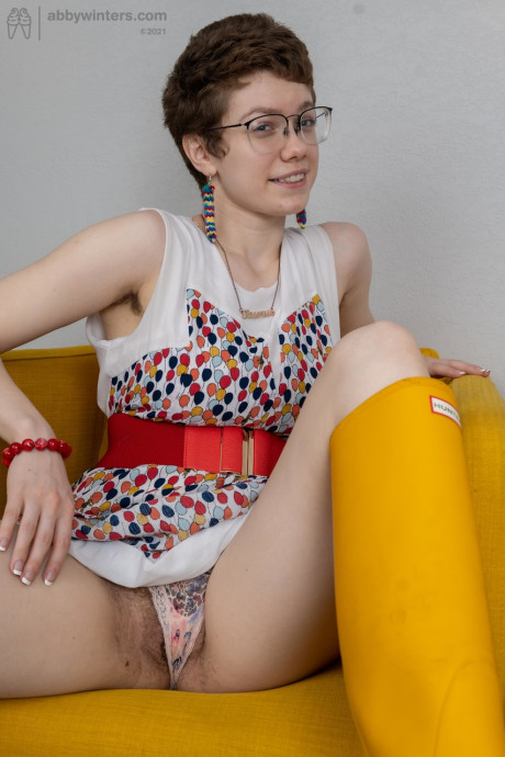 Short haired nerd Morgan K reveals her giant juggs and toys her hairy snatch - #40224