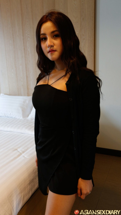 Ravishing asian skank girl lady Zin shows her giant boobies while undressing for POV sex - #138916