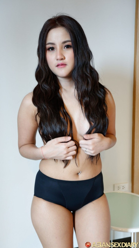 Ravishing asian skank girl lady Zin shows her giant boobies while undressing for POV sex - #138926