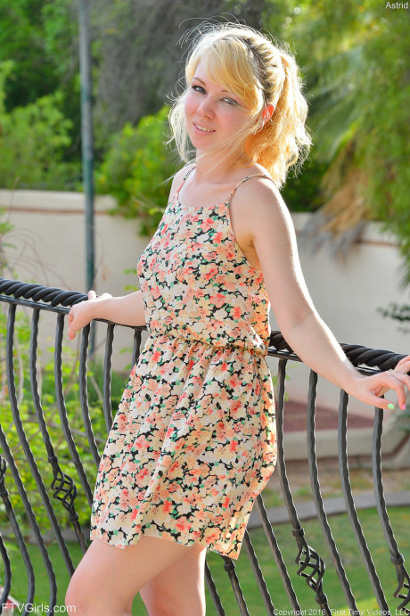 Blonde sweety Astrid reveals her breasts and flashes her twat in public - #132273
