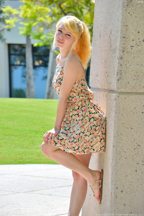 Blonde sweety Astrid reveals her breasts and flashes her twat in public - #132274