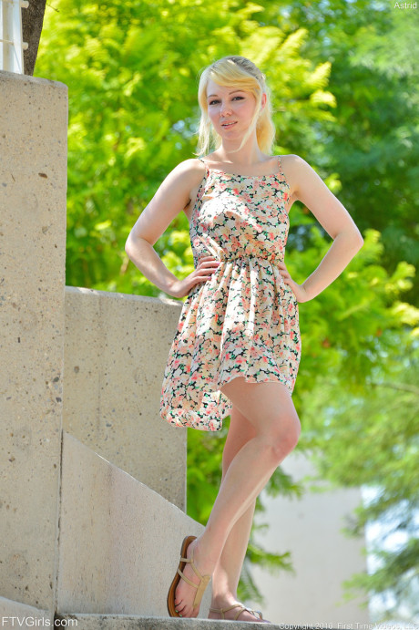 Blonde sweety Astrid reveals her breasts and flashes her twat in public - #132285