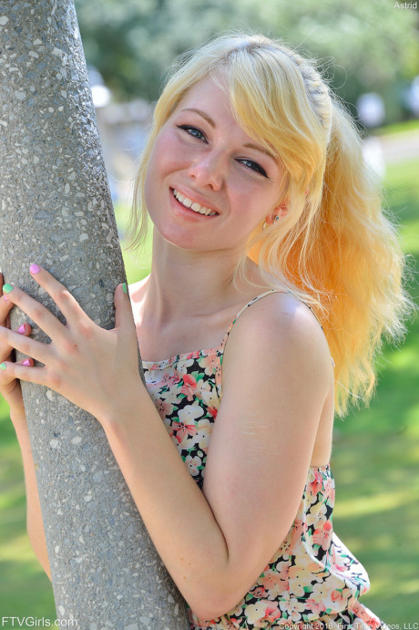 Blonde sweety Astrid reveals her breasts and flashes her twat in public - #132291