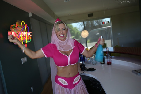Pretty blondie housewife releases her hooters from Jeanie outfit - #68603