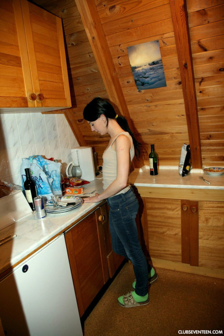 Attractive brunette amateur Linda O strips and masturbates in the wooden cabin - #144244