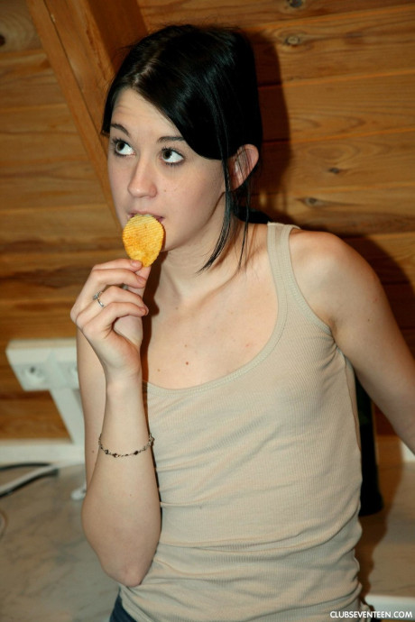 Attractive brunette amateur Linda O strips and masturbates in the wooden cabin - #144245