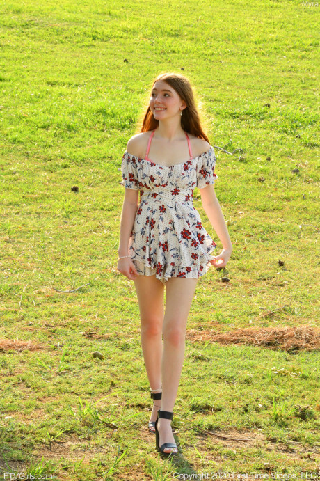 Glamorous teenie Myra peels off her gorgeous summer dress to pose naked outdoors - #31379