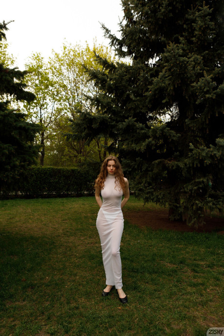 Gorgeous braless amateur babe with huge boobs posing in her white dress outside - #43540