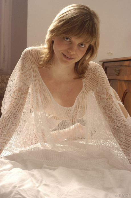 Sweet yellow-haired Margo A posing in her see-through white undies on the bed - #41770