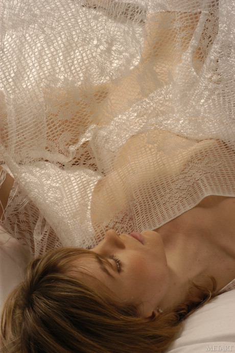 Sweet yellow-haired Margo A posing in her see-through white undies on the bed - #41772