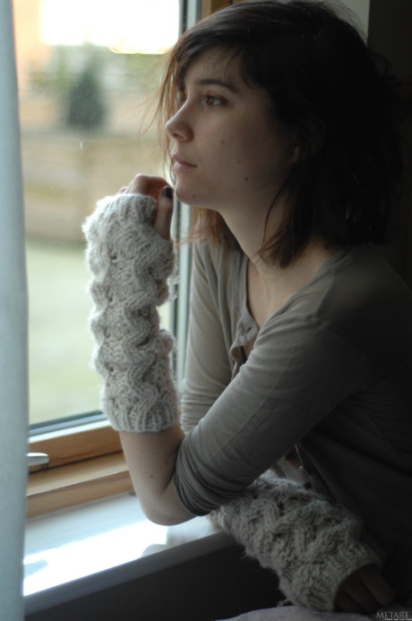 Thin teenie Estelle K gets undressed in fingerless gloves while reading a Manga book - #201687