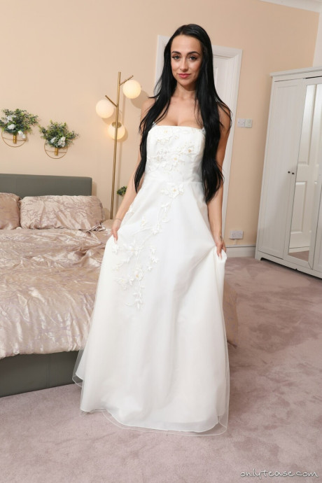 Dark-haired sweetie Megs Mitchell takes off a white gown in matching leggings - #37215