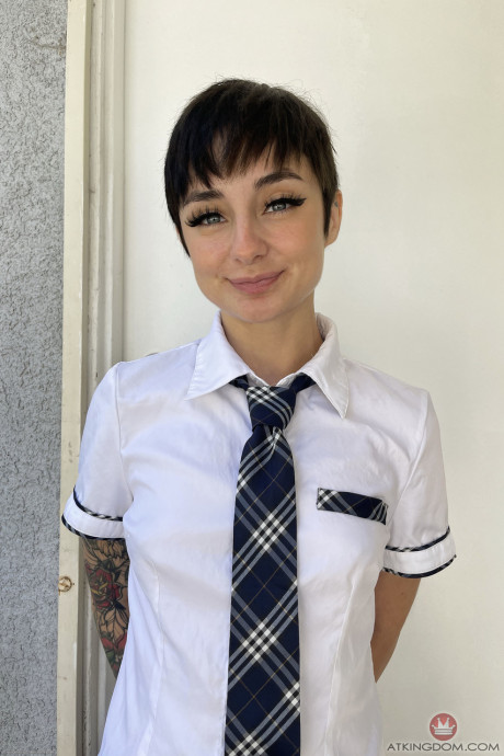 Brunette schoolgirl Stevie Moon spreads her shaved puffy snatch up close - #1258