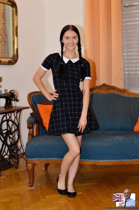 Pigtailed Crystal Greenvelle hikes her skirt to reveal shaved teenie pussy - #100932