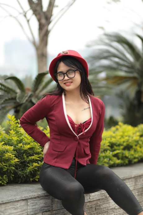 Skinny oriental babe Julia Myle posing in her stunning outfit outdoors - #54465