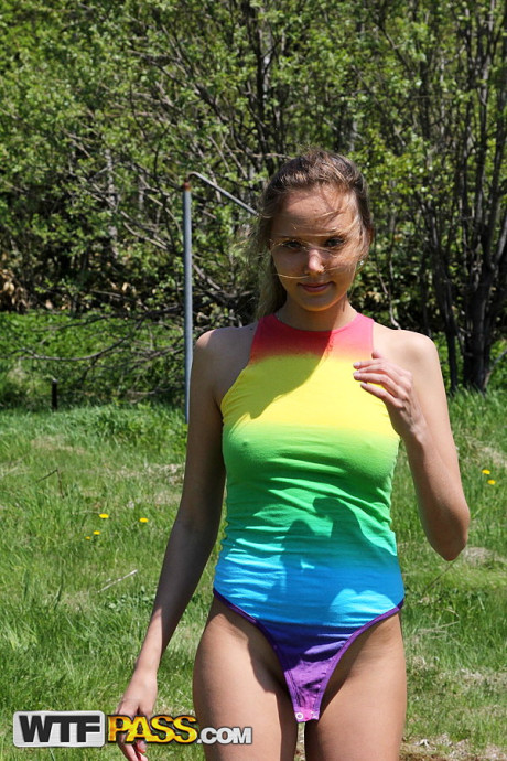Fresh teen blondie girl girl girl unbuttons onesie to show her breasts and twat on barrens - #126434