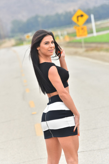 MILF with a pretty fit body Inna flashes her new fake breasts and clit in public - #171671