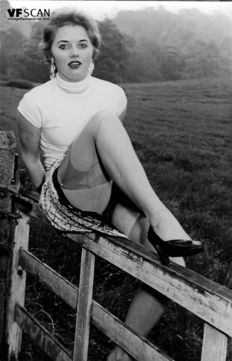 Vintage porn models showing their titties and bushy beavers wearing stockings - #104035