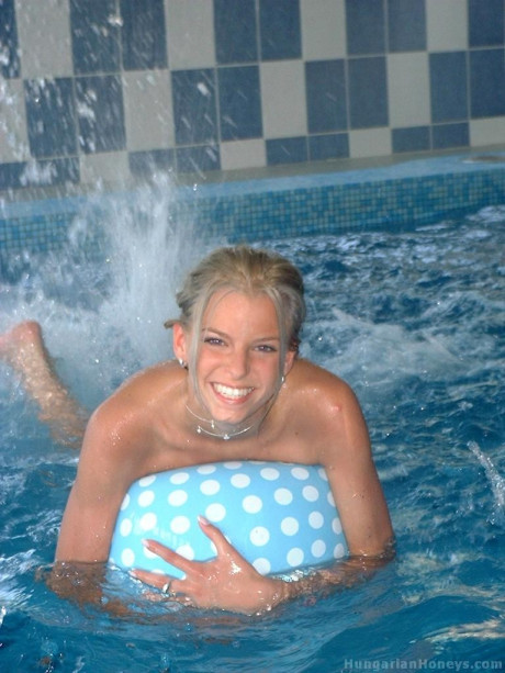 Fine blondie teen Lilu plays nude in the pool before posing with two men - #239028