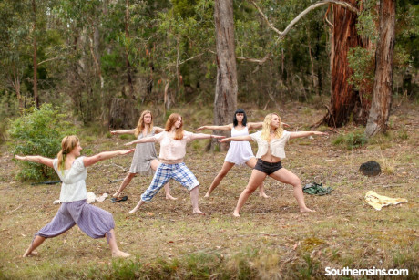 Stunning Australian whores practicing yoga in their hot outfits in nature - #146050