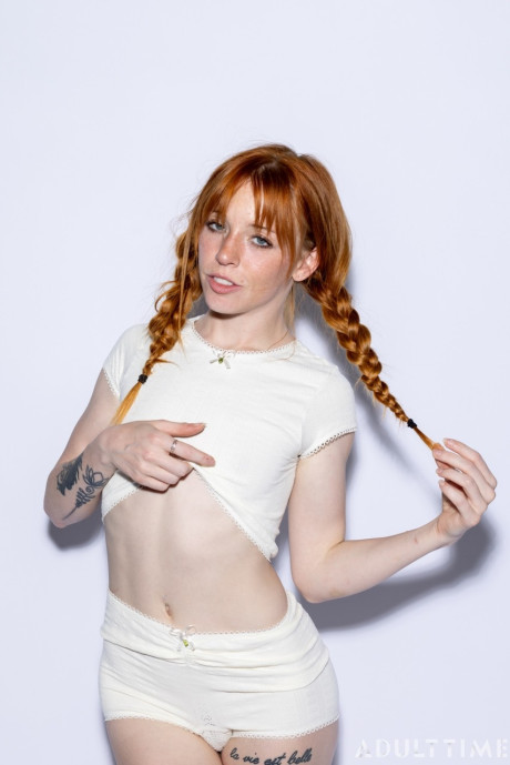 Sleazy red hair teenie with pigtails Madi Collins strips & plays with a vibrator - #151621