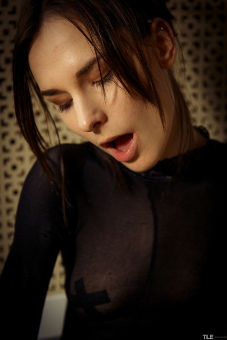 Glamorous brunette Poppy masturbates in her sweet bodystocking in the washroom - #47455