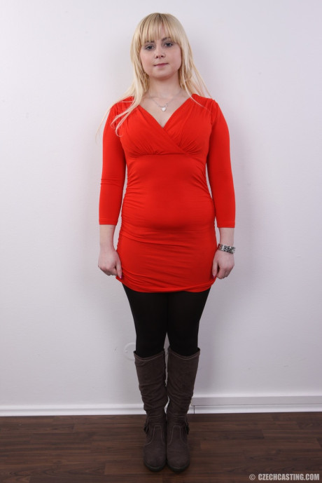 Plump blond slut GF lady removes her clothes until she's standing naked against a wall - #36605