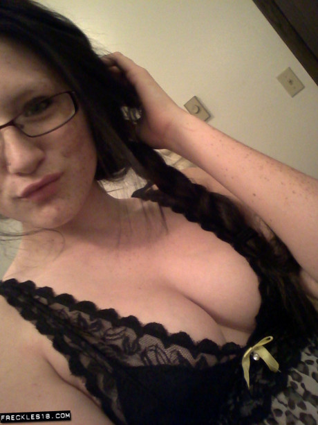 Geeky brunette Freckles 18 touches her hot melons in her solo homemade session - #24810