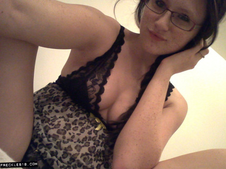 Geeky brunette Freckles 18 touches her hot melons in her solo homemade session - #24815