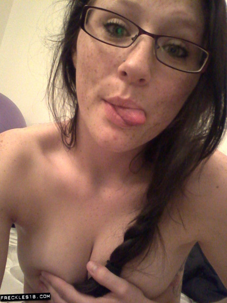 Geeky brunette Freckles 18 touches her hot melons in her solo homemade session - #24818