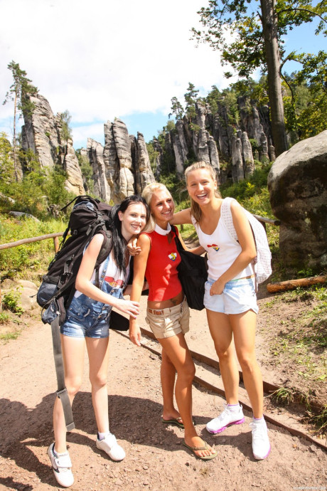 Fine adventurers Sara J, Nessy & Ester B go topless while climbing a mountain - #131452