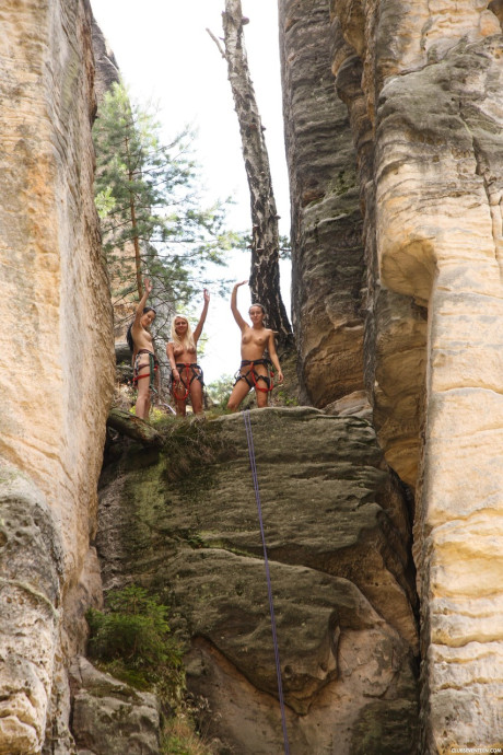 Fine adventurers Sara J, Nessy & Ester B go topless while climbing a mountain - #131462