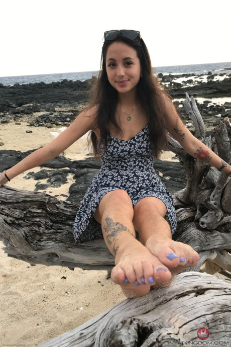 Young Mi Ha Doan flashes her melons and exposes her silky vagina on the beach - #22786