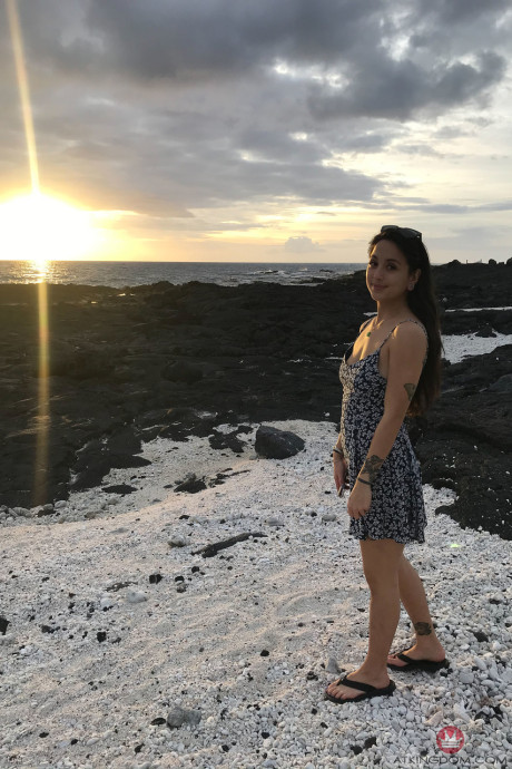 Young Mi Ha Doan flashes her melons and exposes her silky vagina on the beach - #22804