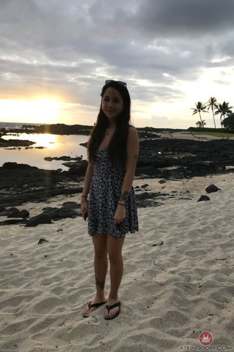 Young Mi Ha Doan flashes her melons and exposes her silky vagina on the beach - #22805