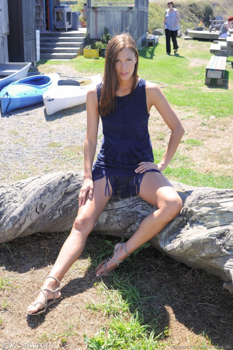 Sultry brunette babe Avia showing and spreading her hot snatch in public - #237658