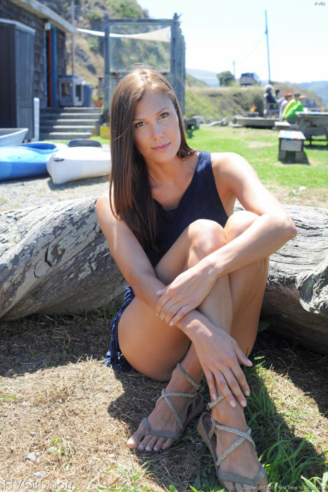 Sultry brunette babe Avia showing and spreading her hot snatch in public - #237666