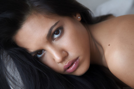Dark-haired teenie Apolonia exposes her body and touches her trimmed vagina - #151497
