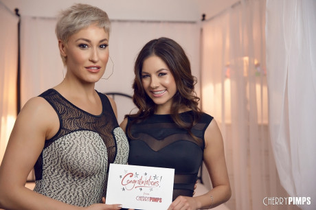 Brunette cutie Shyla Jennings flashes her hot undies and poses with an MILF - #171977