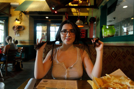 Nerdy Mexican babe Ophelia Palantine flashes her tits & strips in public