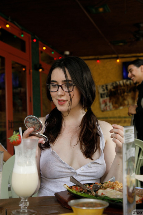 Nerdy Mexican babe Ophelia Palantine flashes her tits & strips in public - #26487