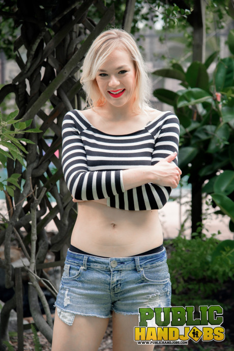 Blonde with red lipstick Rebecca Vanguard strips & massages a rod outside - #265334