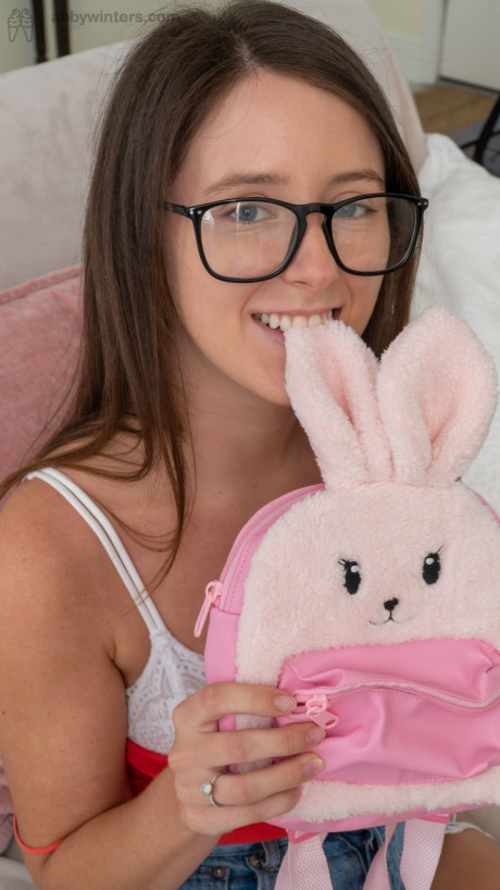 Nerdy brunette teen Teagan undresses and plays with her fuzzy twat lips - #8637