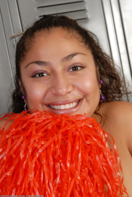 Thin curly haired cheerleader Reena shows her wide booty and bushy pussy #3882